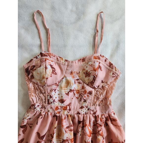 Haute Nites Dresses & Skirts - Pink Floral Size 7 Cottagecore Coquette Maxi Dress Side Slit Padded Cups Lace